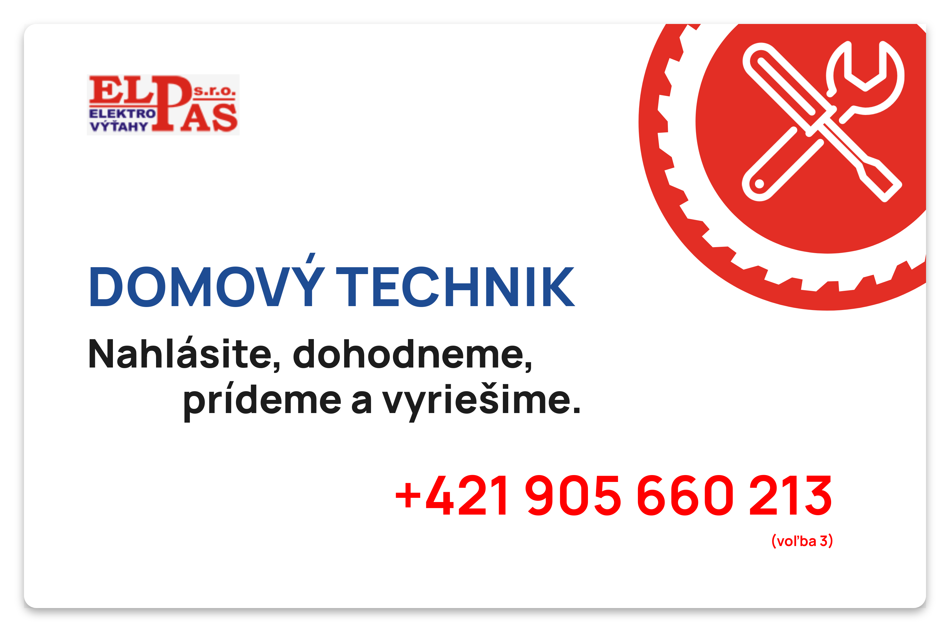 Vizitka Domový technik — predná strana