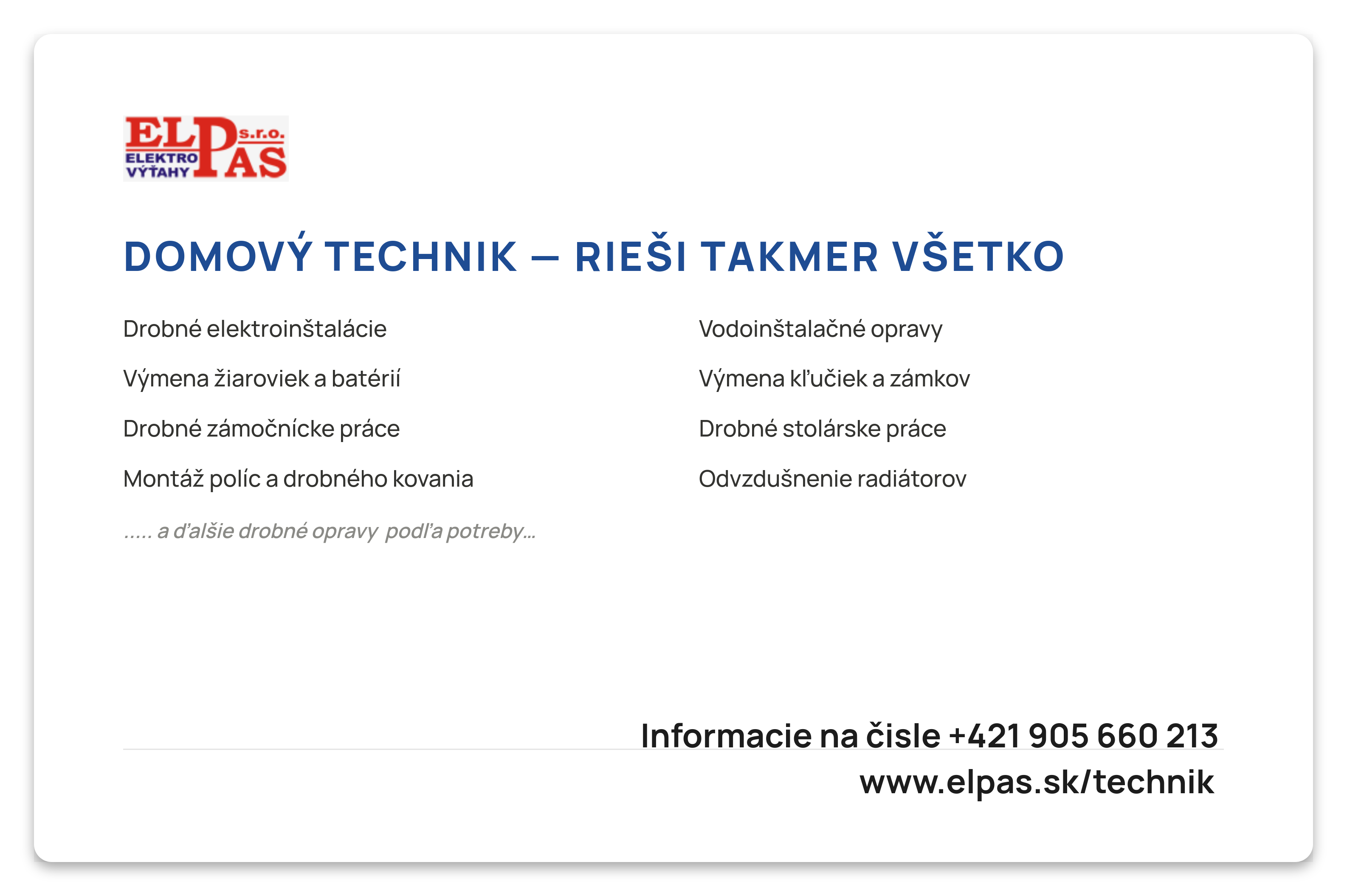 Vizitka Domový technik — zadná strana